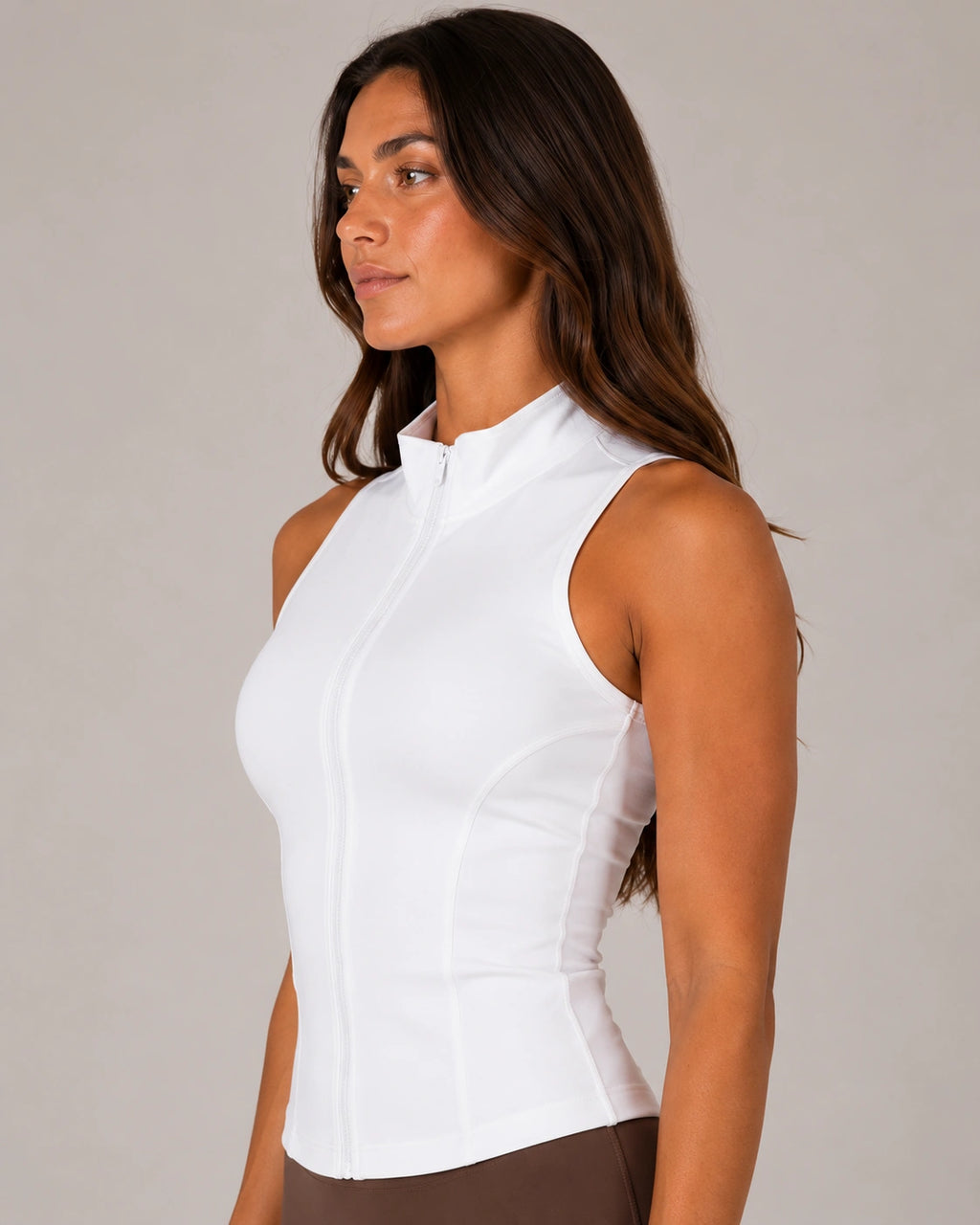 Mouwloze Sportvest Dames met Rits en Opstaande Kraag, Wit, zijaanzicht, Pulsen Fit