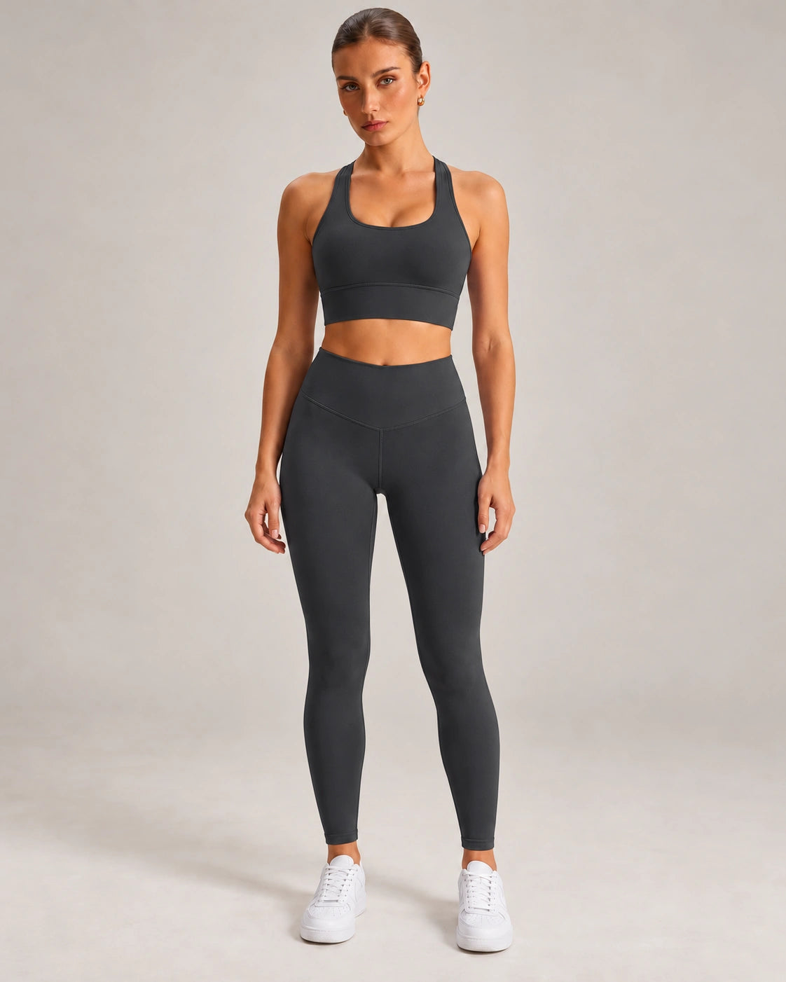 Sportset Dames Sport-bh en Legging, Squatproof, Zwart, vooraanzicht, Pulsen Fit