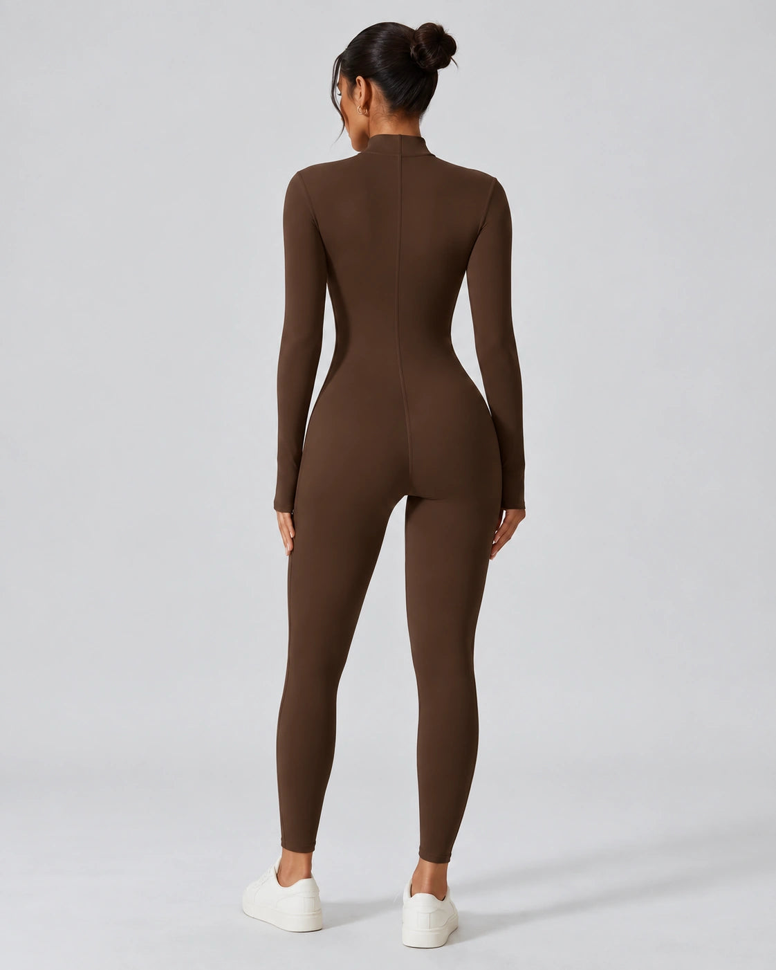 Sport Jumpsuit Dames met Rits en Lange Mouwen Performance, Bruin, achteraanzicht, Pulsen Fit