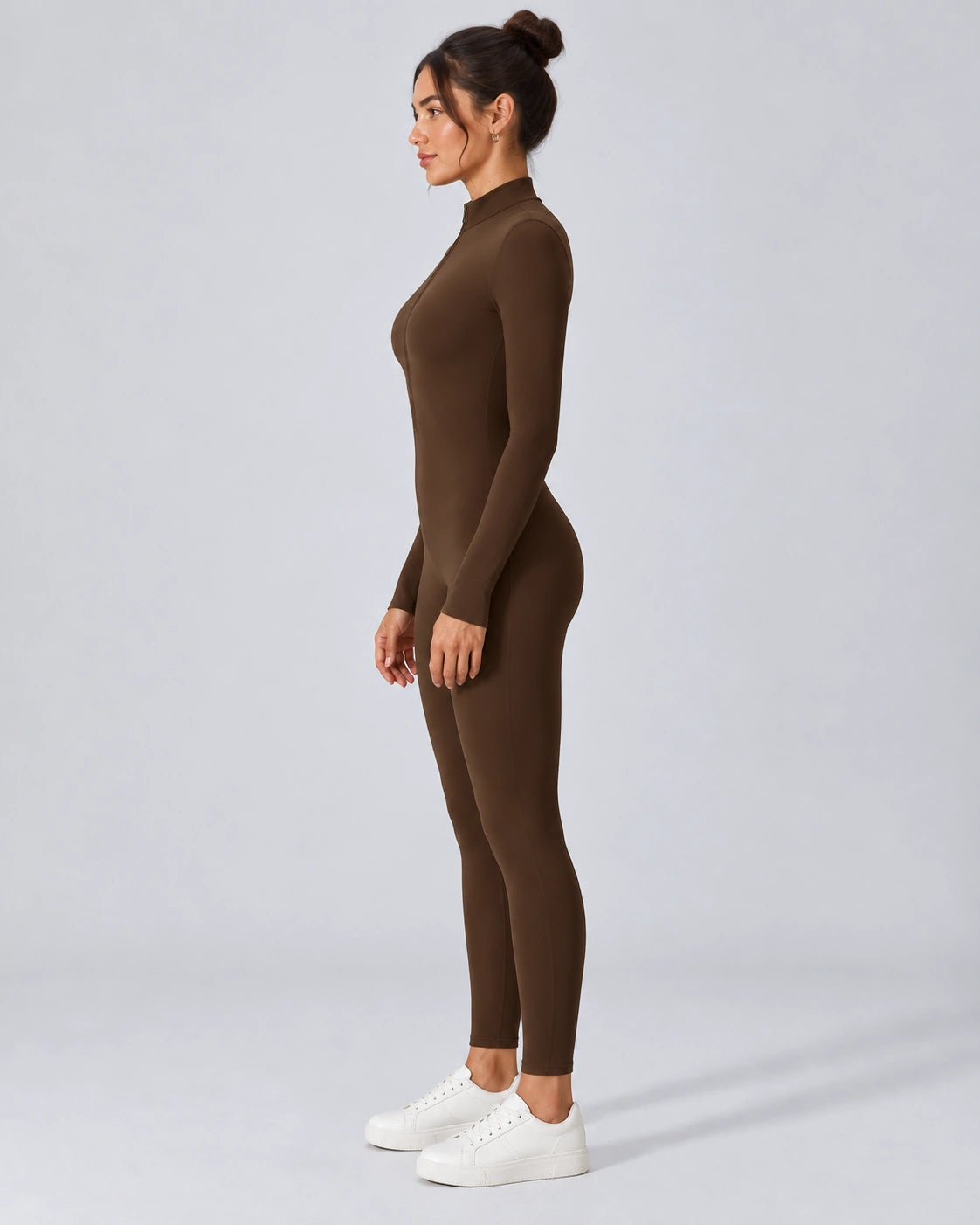 Sport Jumpsuit Dames met Rits en Lange Mouwen Performance, Bruin, zijaanzicht, Pulsen Fit