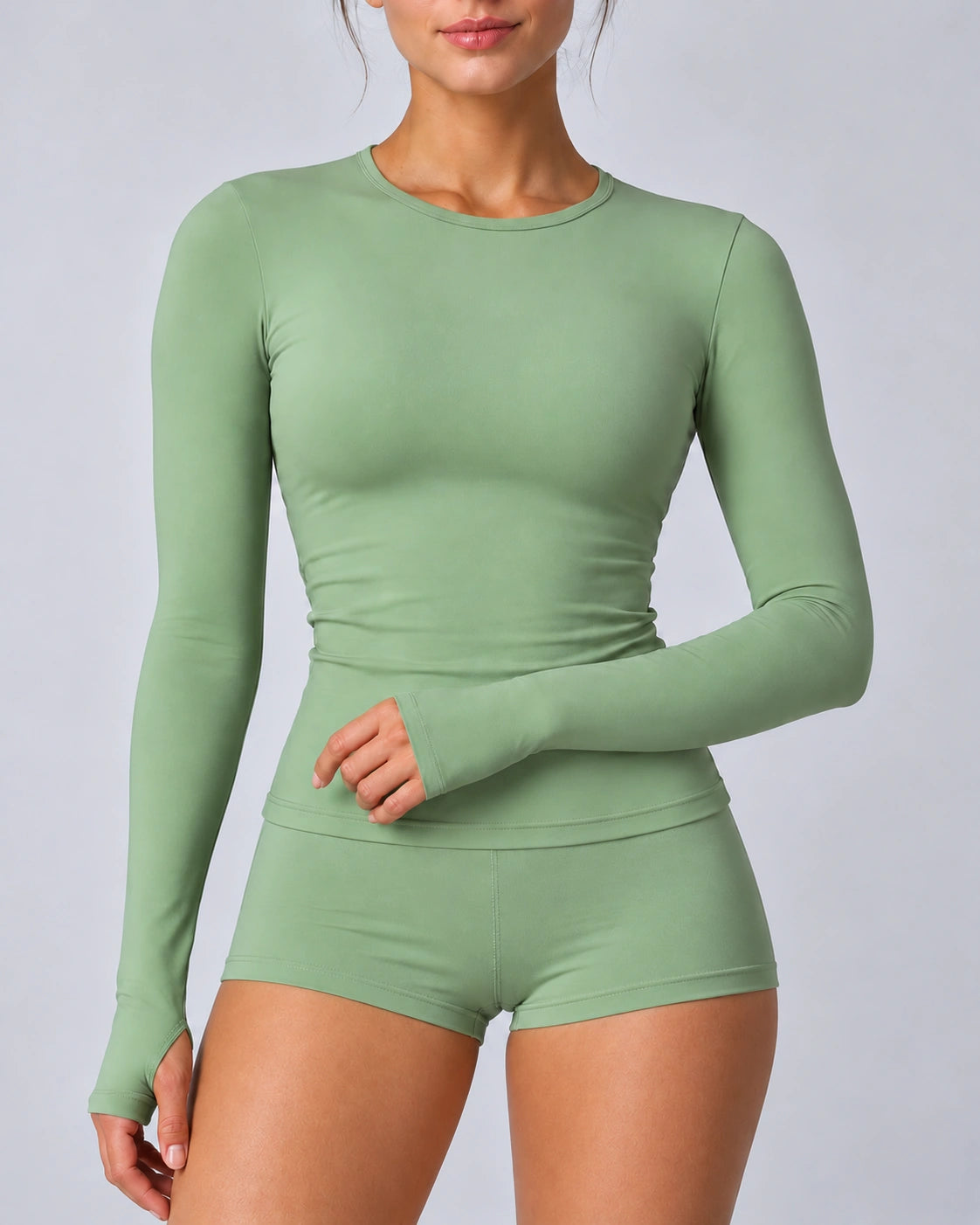 Crop Top met Lange Mouwen Dames Sporttop met Duimgaten, Lichtgroen, hals-en-mouwdetail, Pulsen Fit