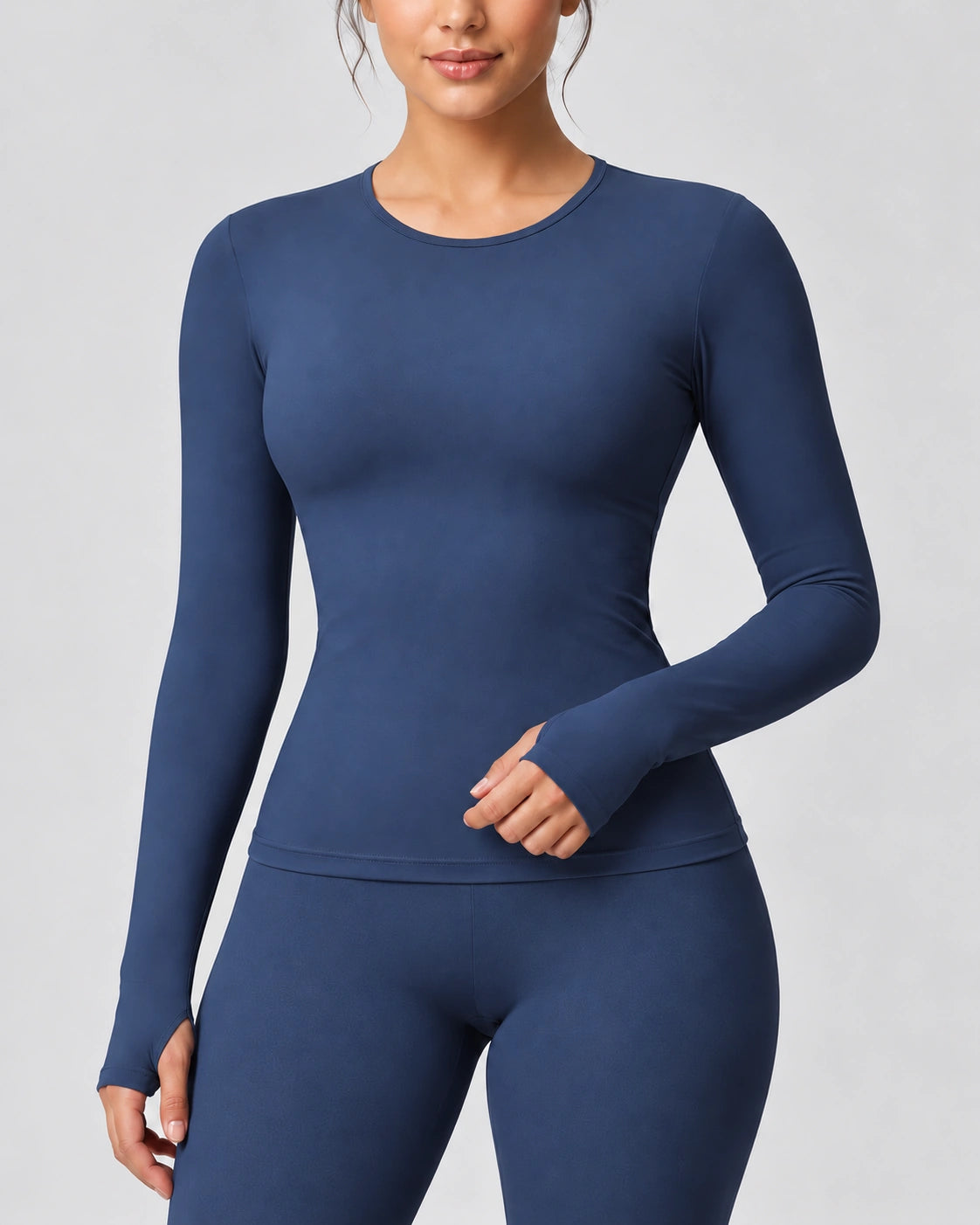 Sportshirt Dames met Lange Mouwen Sneldrogend en Slim Fit, Marine, hals-en-mouwdetail, Pulsen Fit