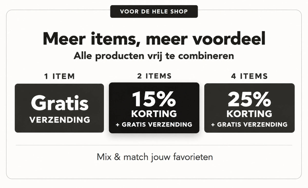 Meer items, meer voordeel. 1 item: gratis verzending. 2 items: 15% korting en gratis verzending. 4 items: 25% korting en gratis verzending. Alle producten vrij te combineren.